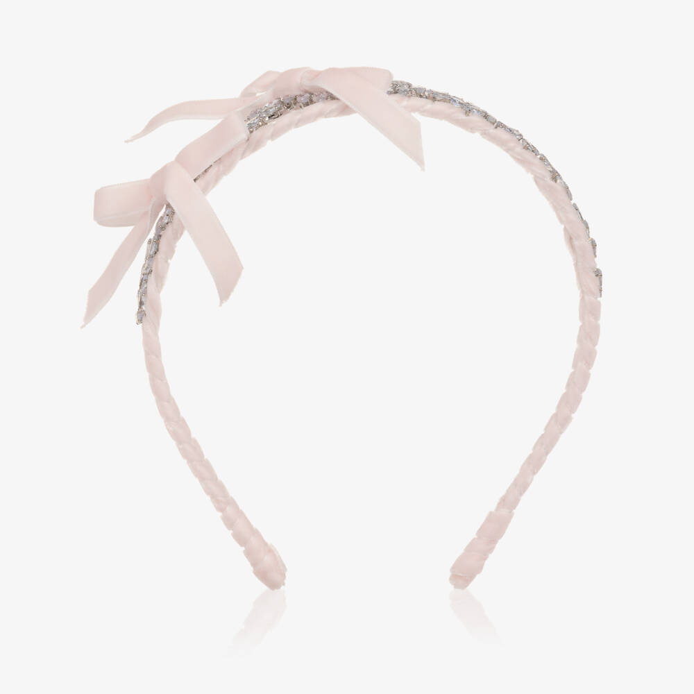 Monnalisa-Girls Pale Pink Velvet Bow & Silver Leaf Hairband | Childrensalon Outlet