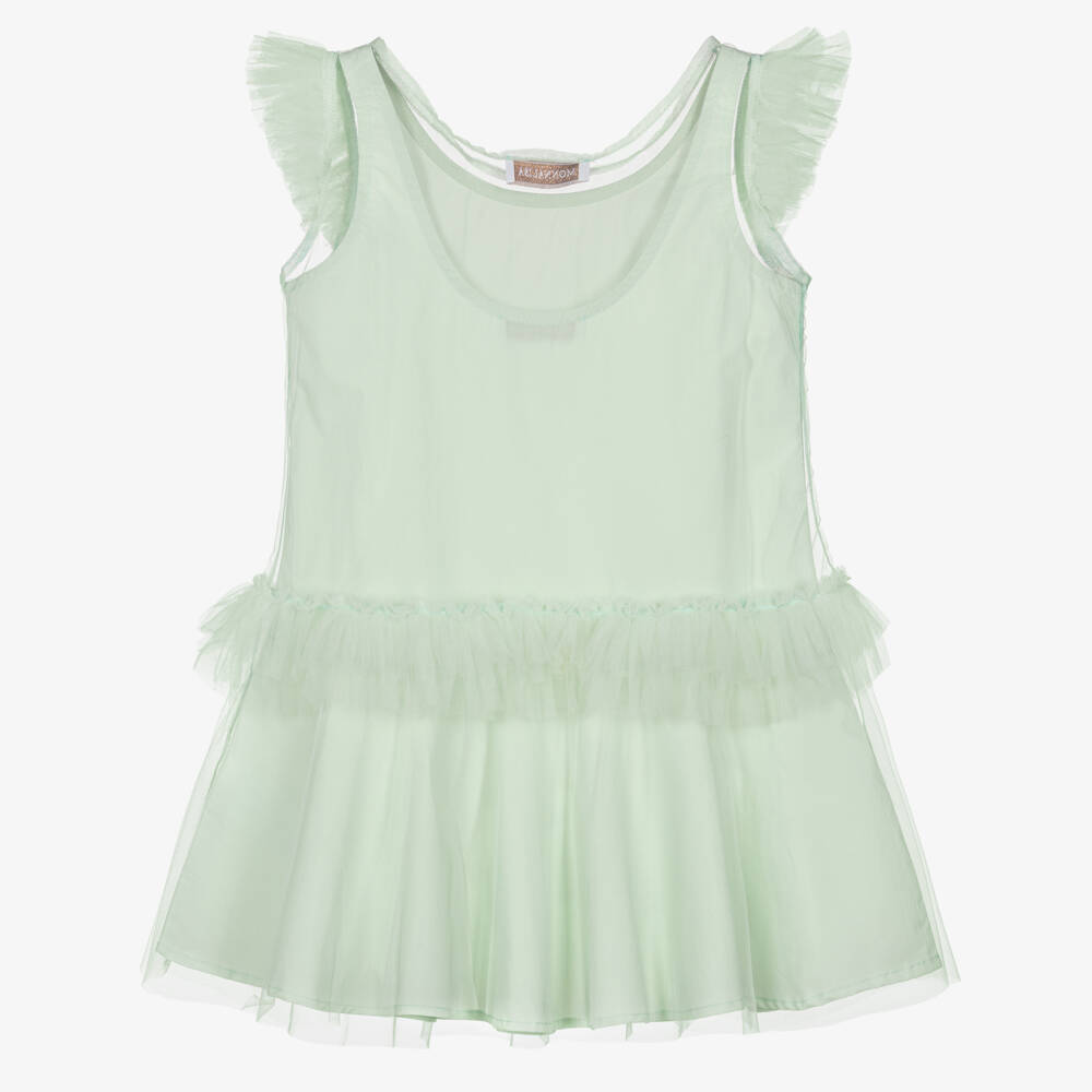 Monnalisa-Girls Pastel Green Cotton Dress with Tulle Ruffles | Childrensalon Outlet