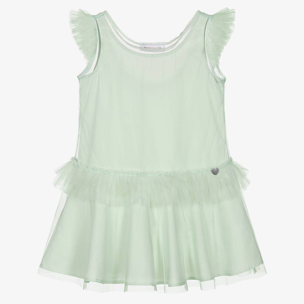 Monnalisa-Girls Pastel Green Cotton Dress with Tulle Ruffles | Childrensalon Outlet