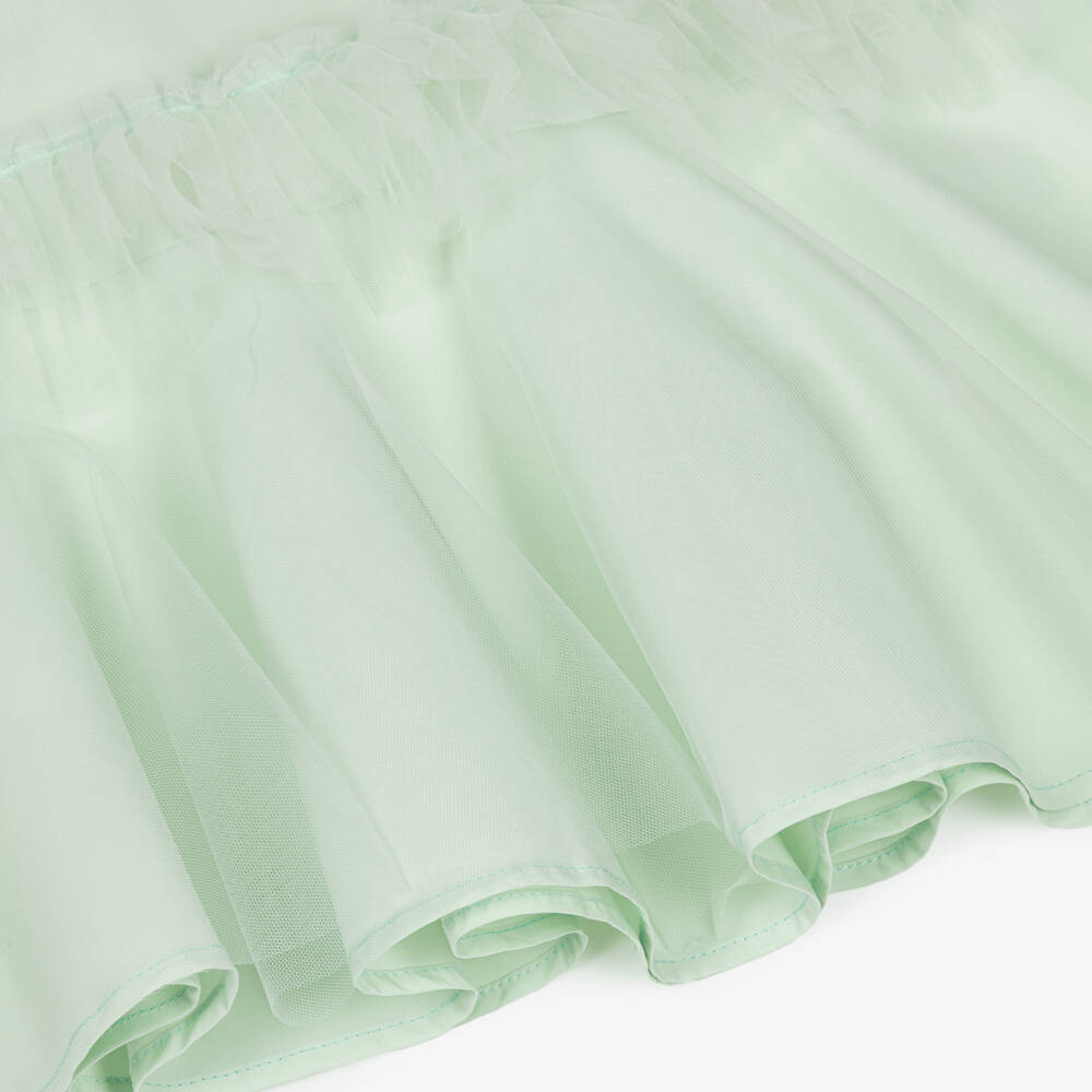 Monnalisa-Girls Pastel Green Cotton Dress with Tulle Ruffles | Childrensalon Outlet