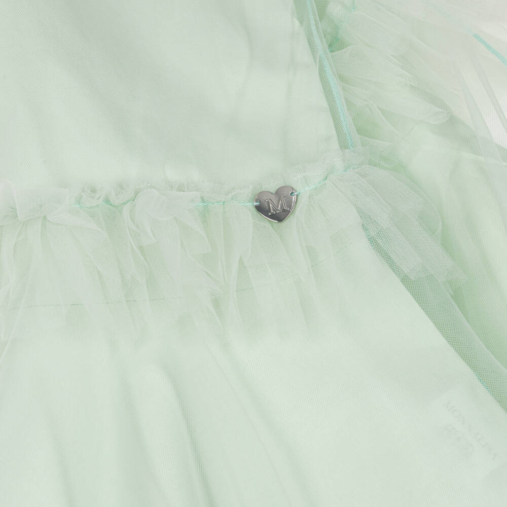 Monnalisa-Girls Pastel Green Cotton Dress with Tulle Ruffles | Childrensalon Outlet
