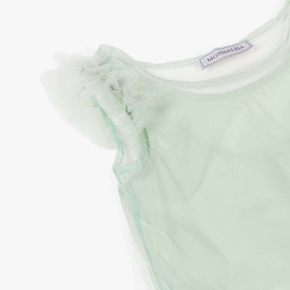 Monnalisa-Girls Pastel Green Cotton Dress with Tulle Ruffles | Childrensalon Outlet
