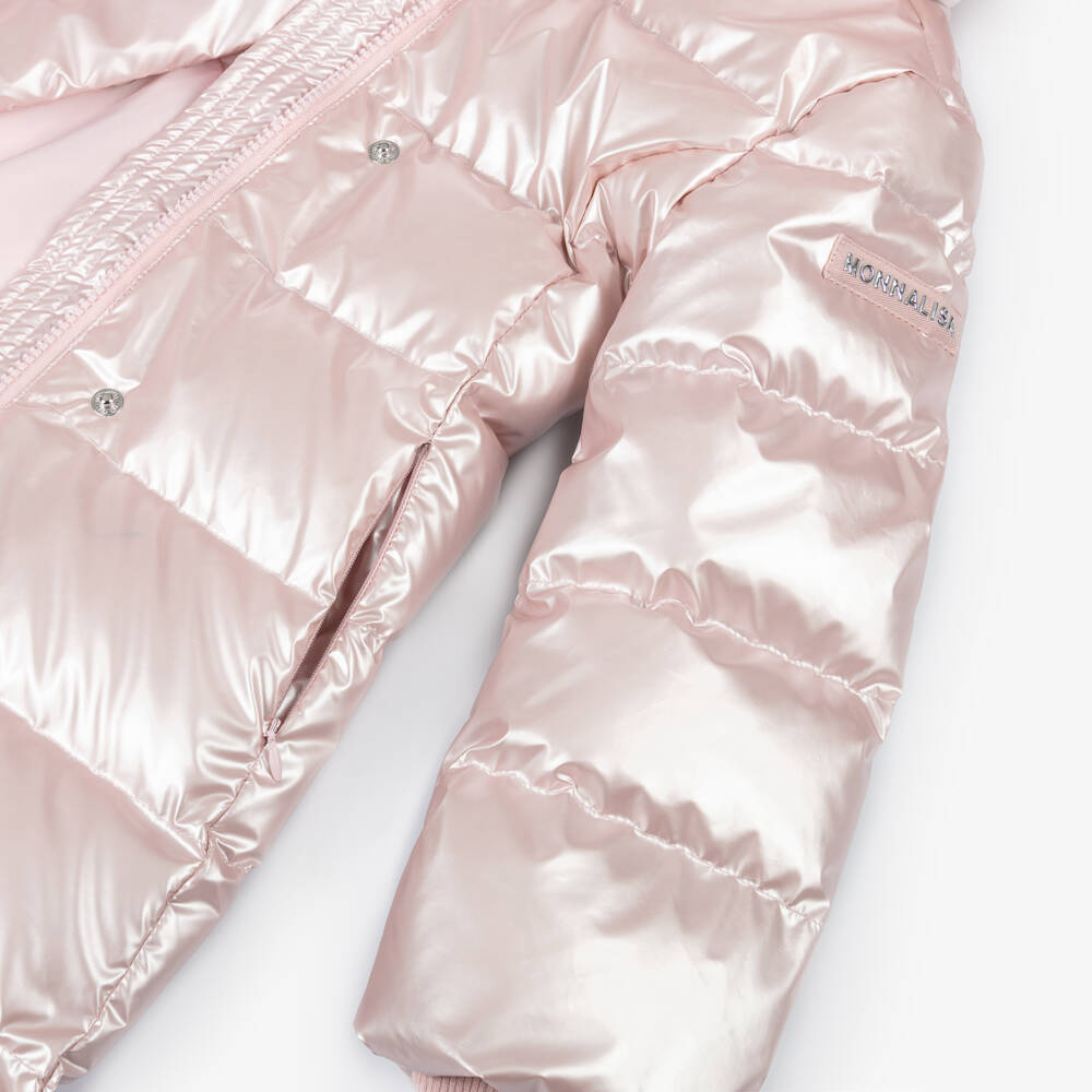 Monnalisa-Girls Pearly Pink Hooded Down Puffer Coat | Childrensalon Outlet