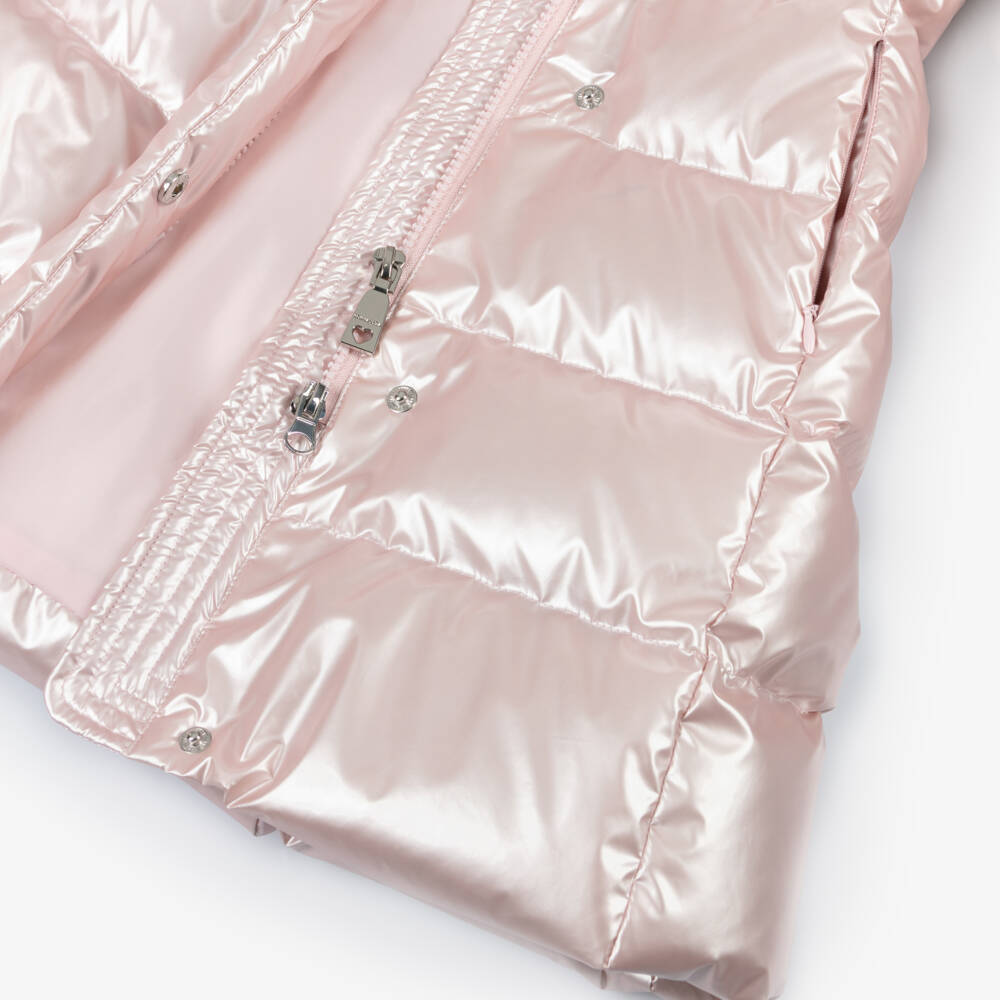 Monnalisa-Girls Pearly Pink Hooded Down Puffer Coat | Childrensalon Outlet
