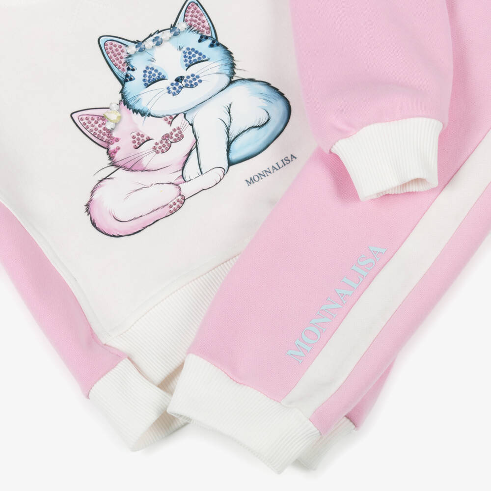 Monnalisa-Розовый хлопковый спортивный костюм с принтом кота для девочек | Childrensalon Outlet