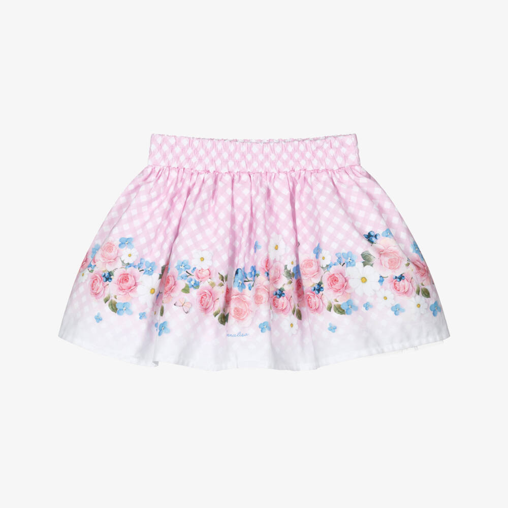 Monnalisa-Girls Pink Check & Floral Cotton Skirt | Childrensalon Outlet