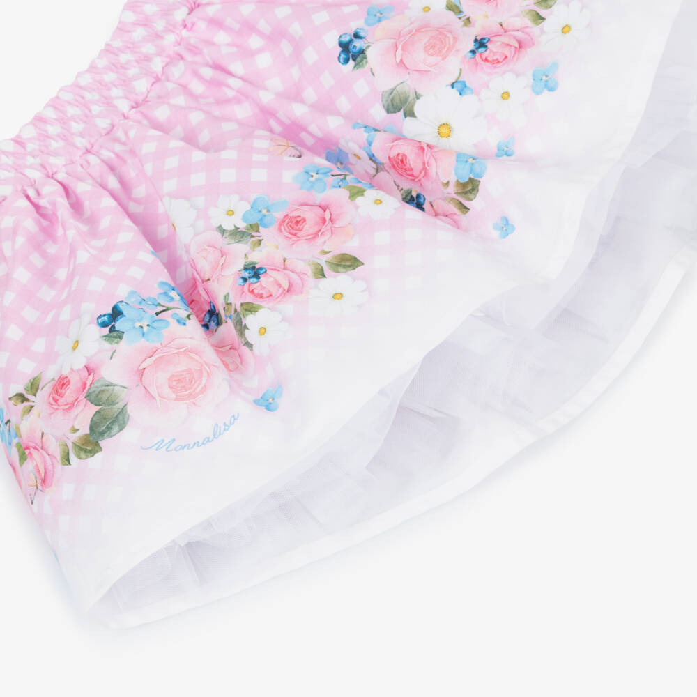 Monnalisa-Girls Pink Check & Floral Cotton Skirt | Childrensalon Outlet