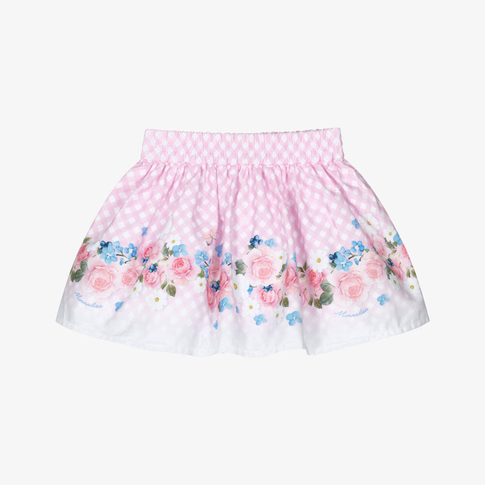 Monnalisa-Girls Pink Check & Floral Cotton Skirt | Childrensalon Outlet