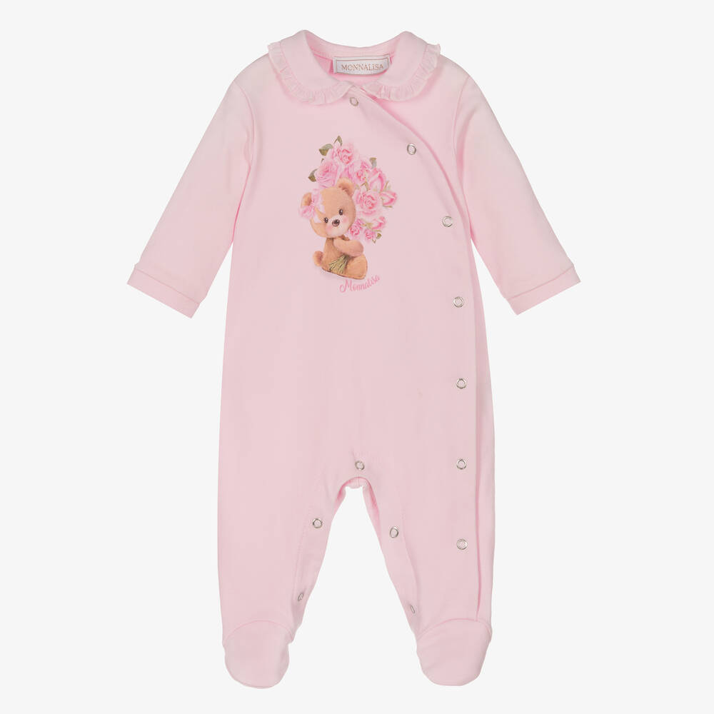 Monnalisa - Girls Pink Cotton Bear Logo Babygrow | Childrensalon