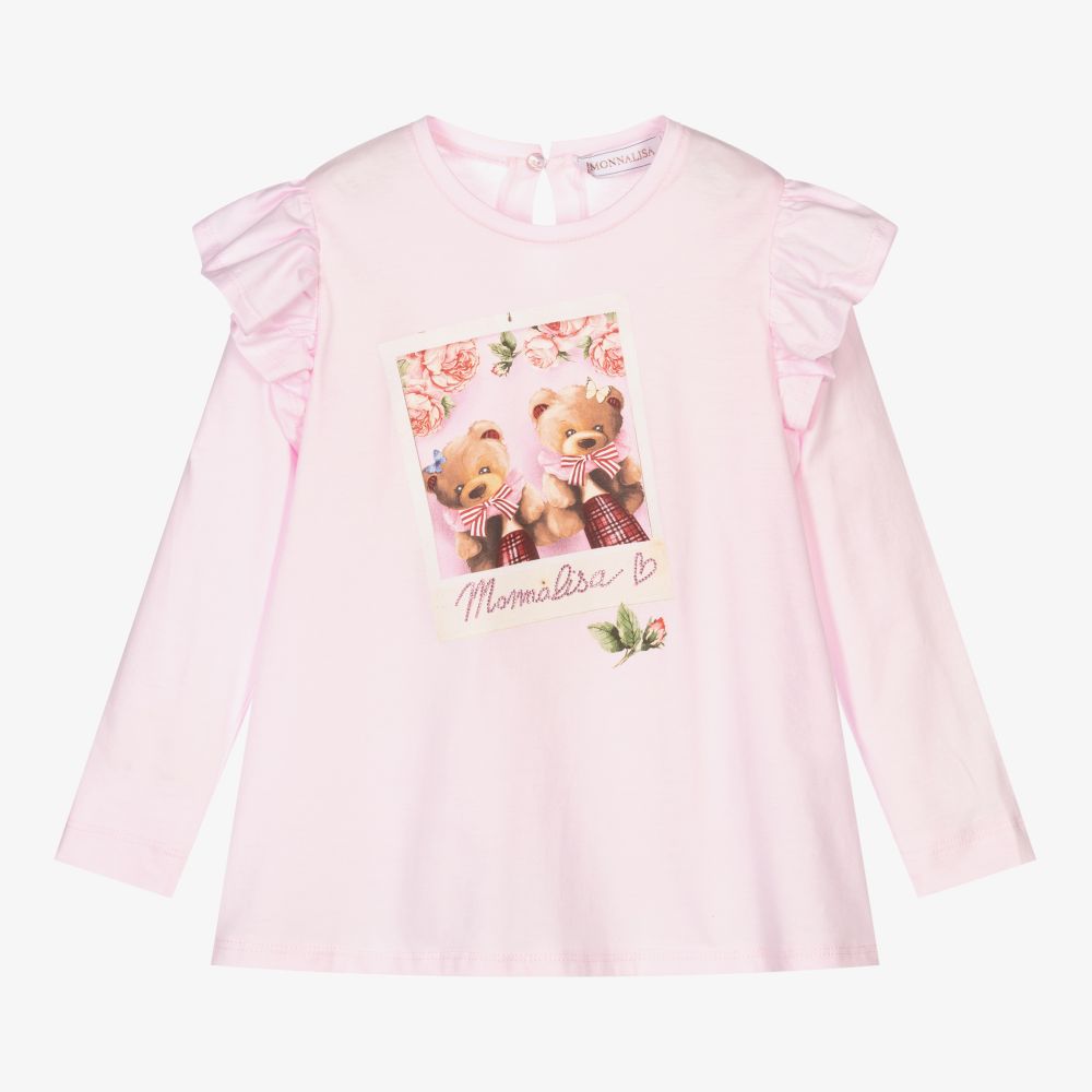 Monnalisa - Girls Pink Cotton Bear Top | Childrensalon