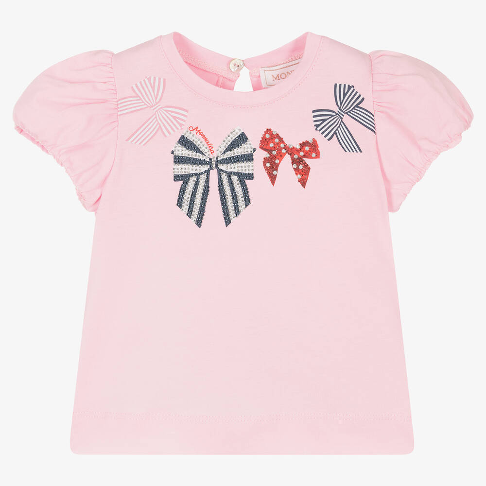 Monnalisa - Girls Pink Cotton Bows T-Shirt | Childrensalon