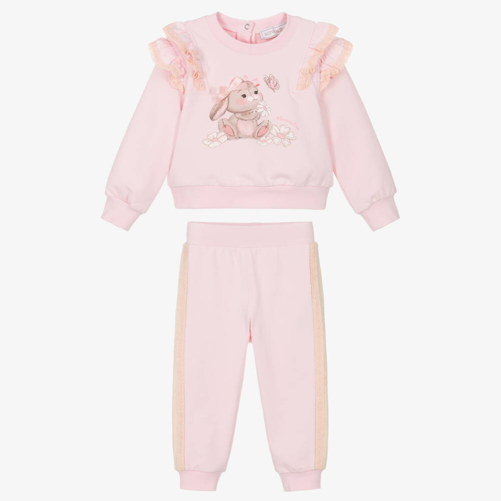 Monnalisa-Girls Pink Cotton Bunny Print Tracksuit with Lace Trims | Childrensalon Outlet