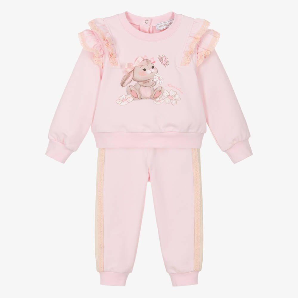 Monnalisa-Girls Pink Cotton Bunny Print Tracksuit with Lace Trims | Childrensalon Outlet