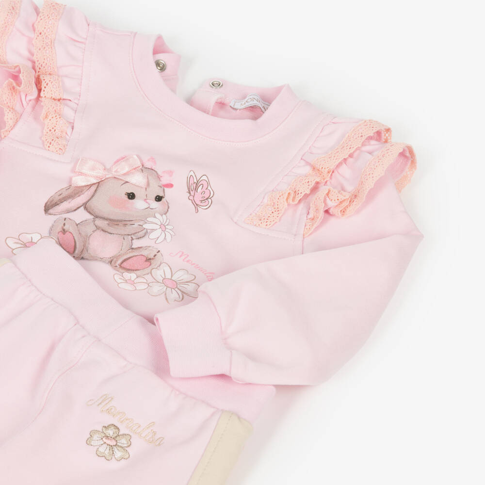 Monnalisa-Girls Pink Cotton Bunny Print Tracksuit with Lace Trims | Childrensalon Outlet