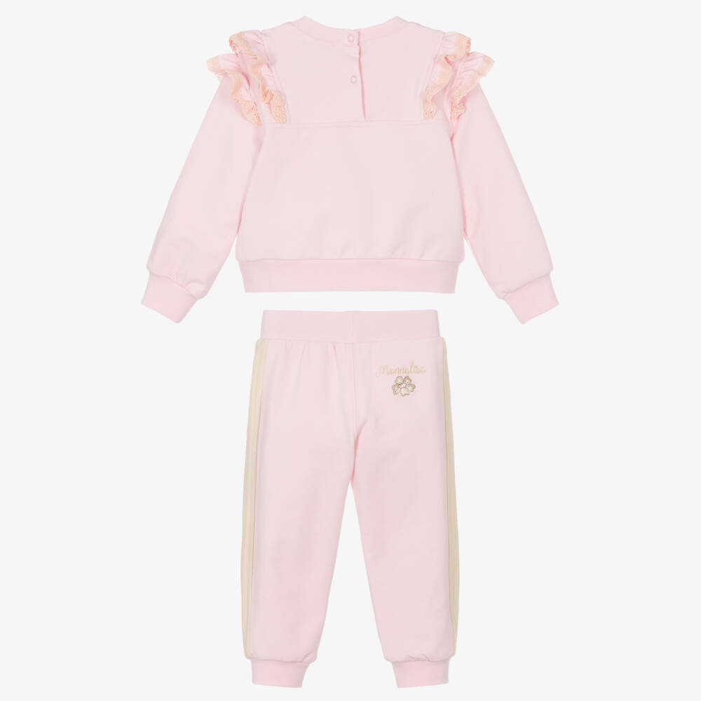 Monnalisa-Girls Pink Cotton Bunny Print Tracksuit with Lace Trims | Childrensalon Outlet