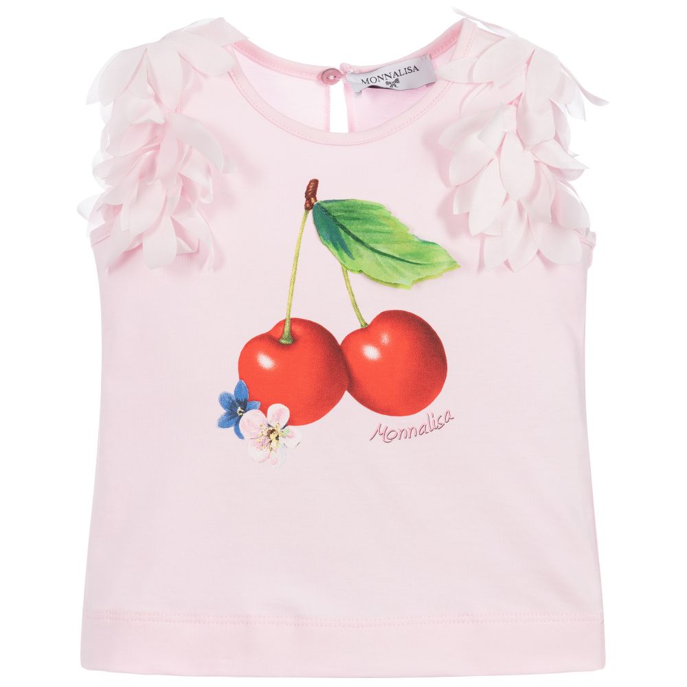 Monnalisa - Girls Pink Cotton Cherry Top | Childrensalon