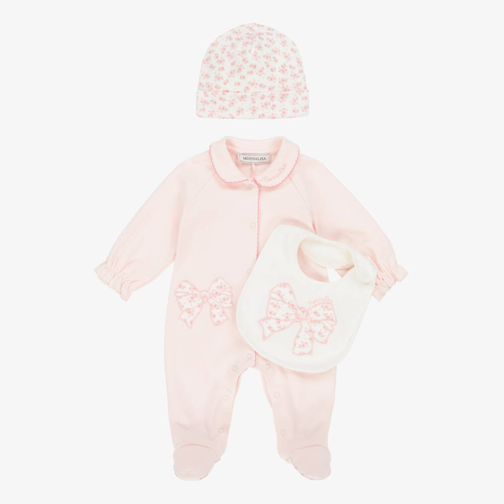 Monnalisa-Girls Pink Cotton Floral Bow Babysuit Set | Childrensalon Outlet