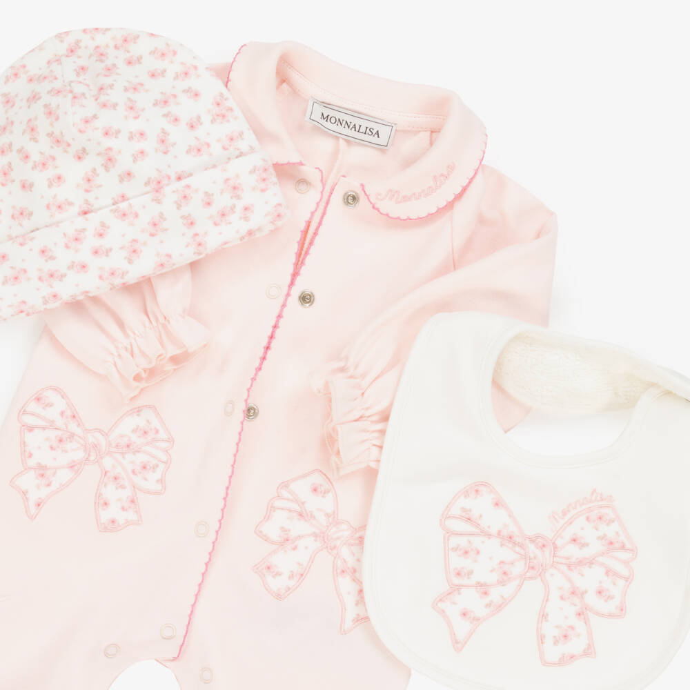Monnalisa-Girls Pink Cotton Floral Bow Babysuit Set | Childrensalon Outlet
