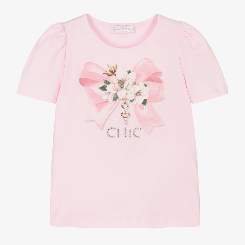 Monnalisa - Girls Pink Cotton Floral Bow T-Shirt | Childrensalon