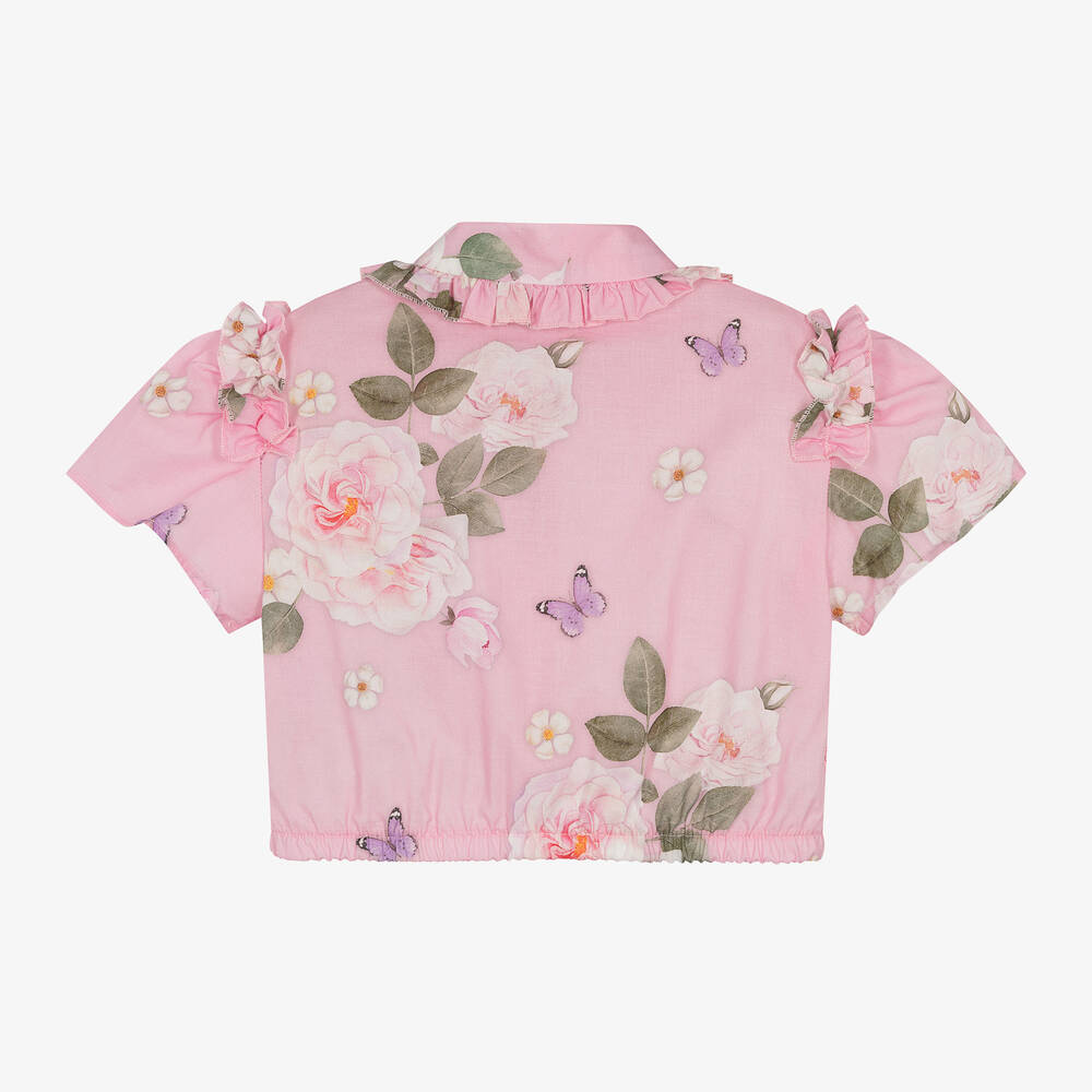 Monnalisa-Girls Pink Cotton Floral Cropped Blouse | Childrensalon Outlet
