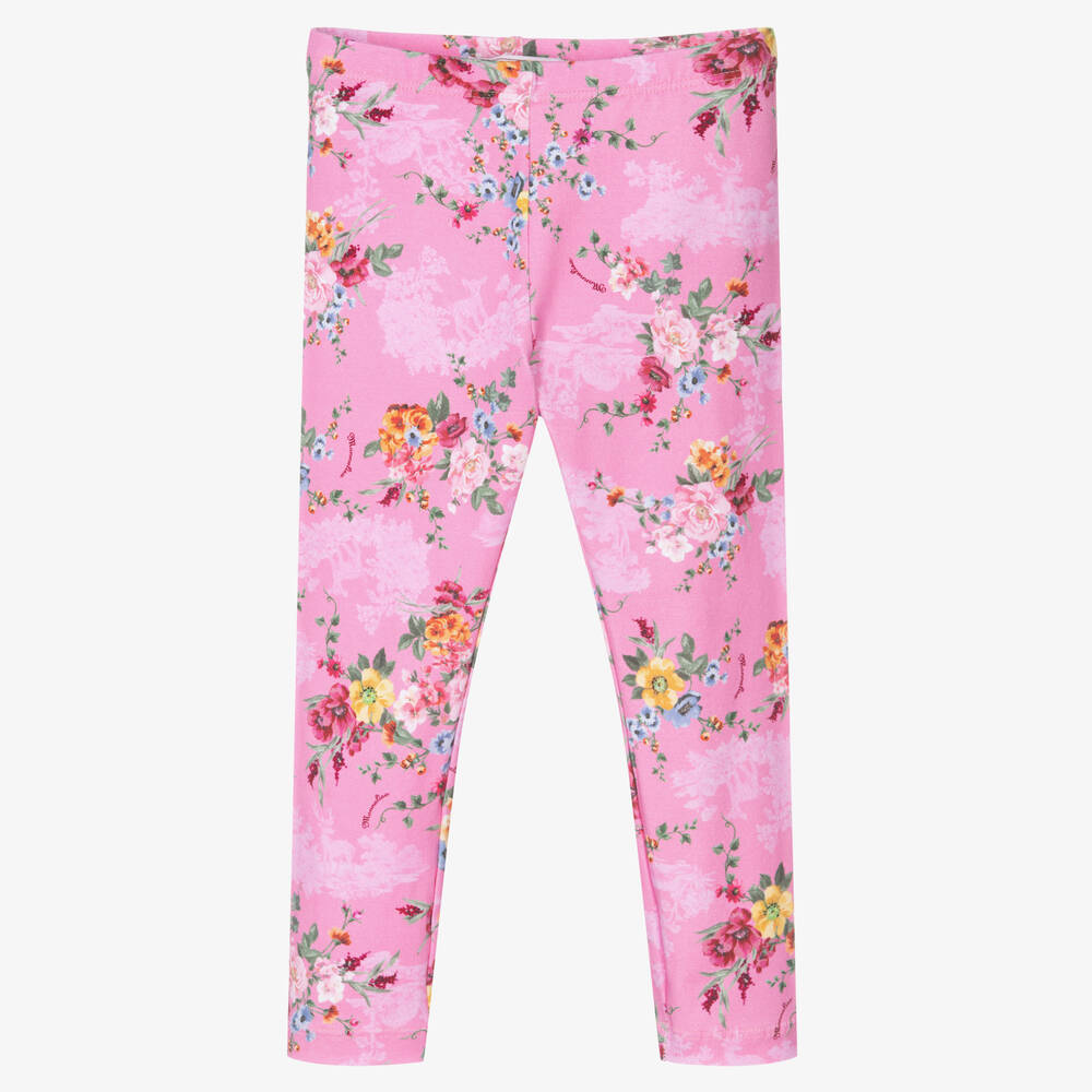 Monnalisa - Girls Pink Cotton Floral Leggings | Childrensalon