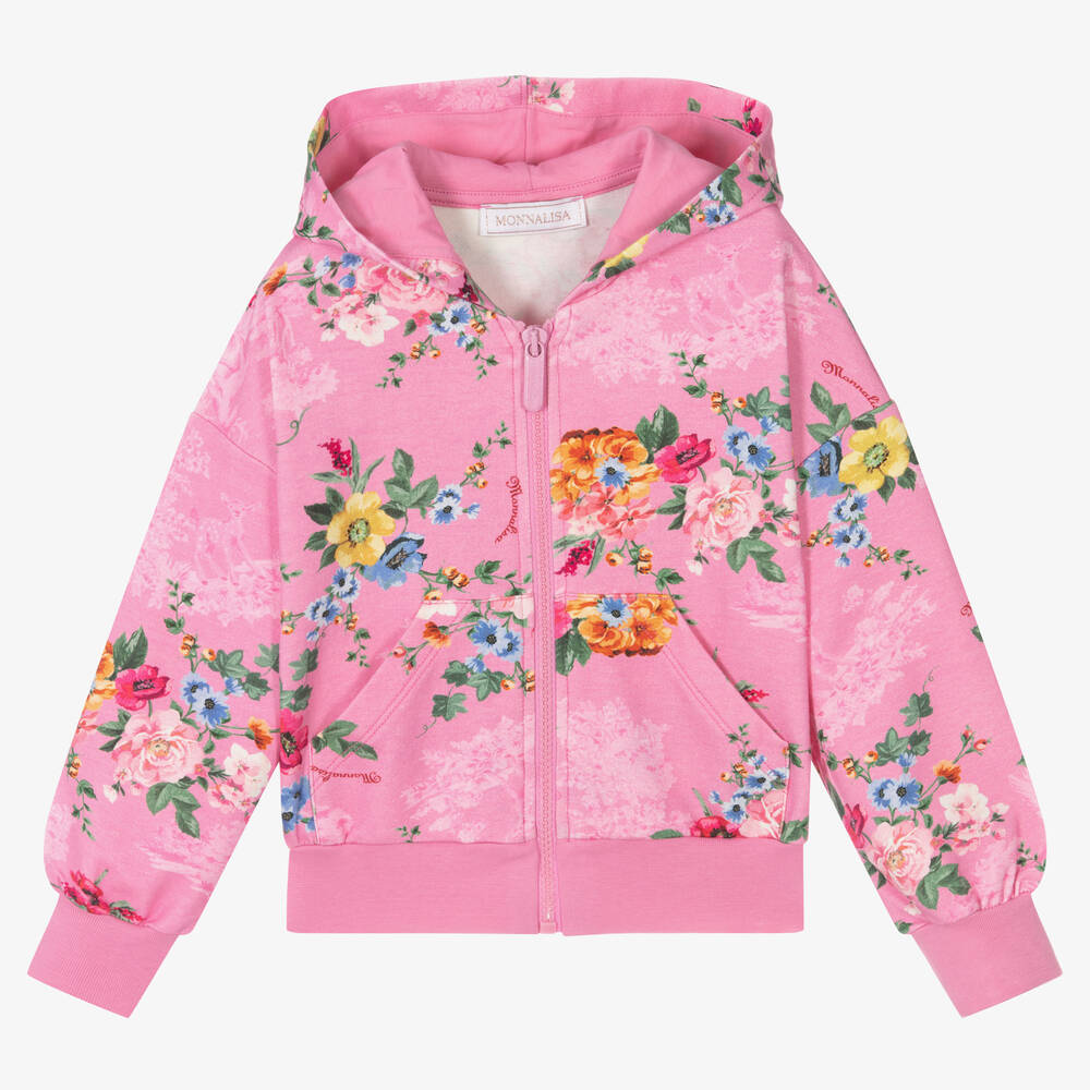Monnalisa - Girls Pink Cotton Floral Zip-Up Top | Childrensalon