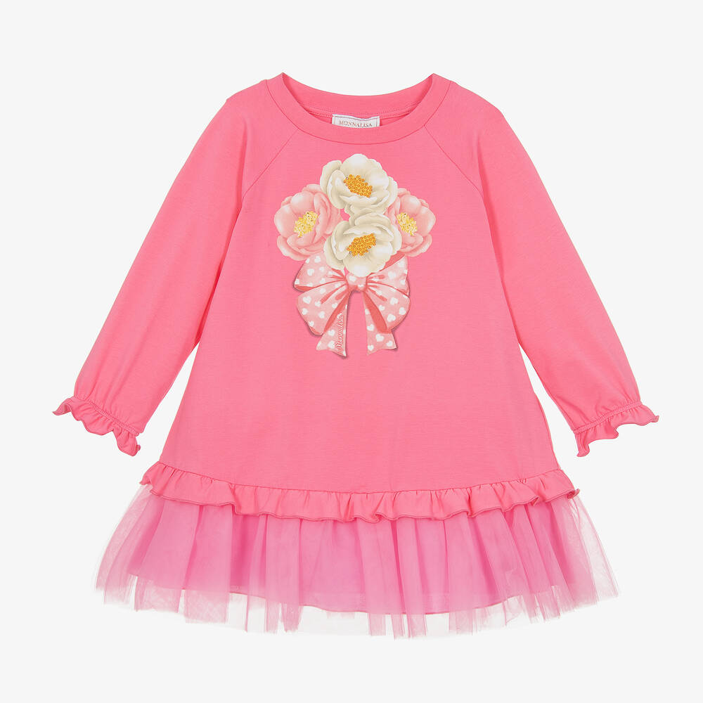 Monnalisa - Girls Pink Cotton Flowers Dress | Childrensalon