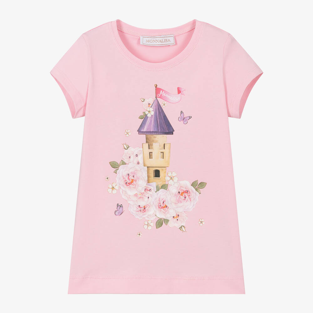 Monnalisa-Girls Pink Cotton Princess Castle T-Shirt | Childrensalon Outlet