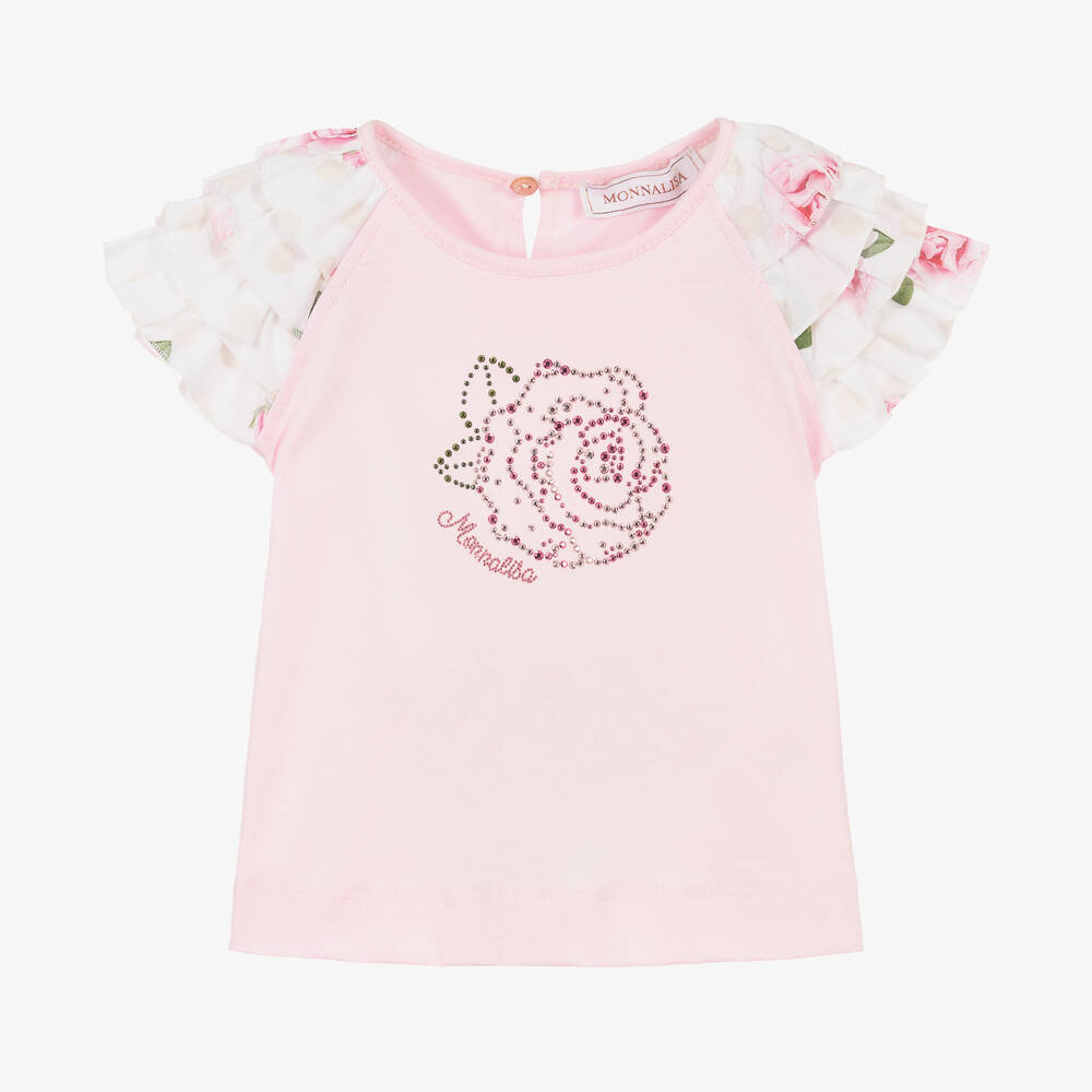 Monnalisa - Розовая хлопковая футболка с розой из стразов | Childrensalon