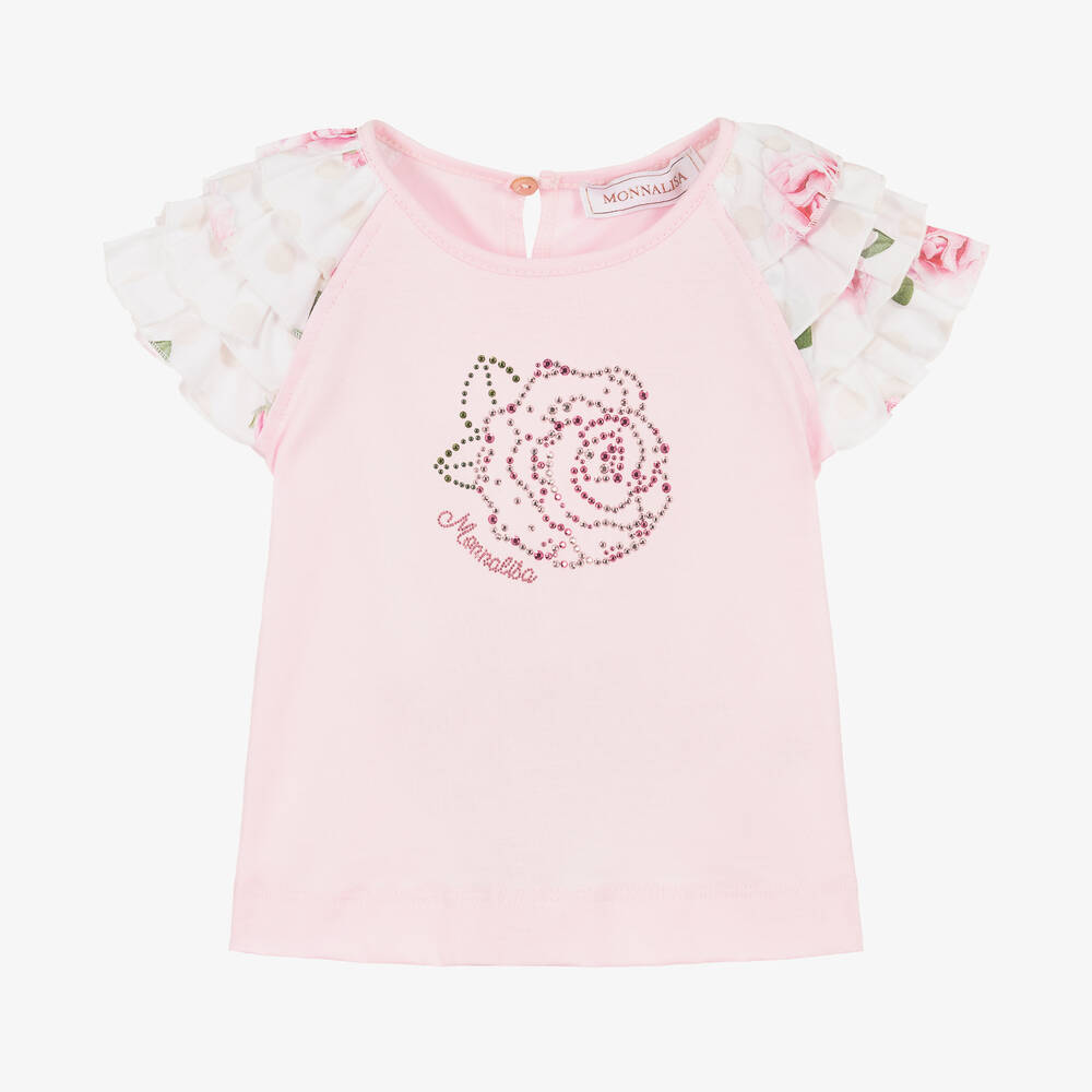 Monnalisa - Girls Pink Cotton Rhinestone Rose T-Shirt | Childrensalon