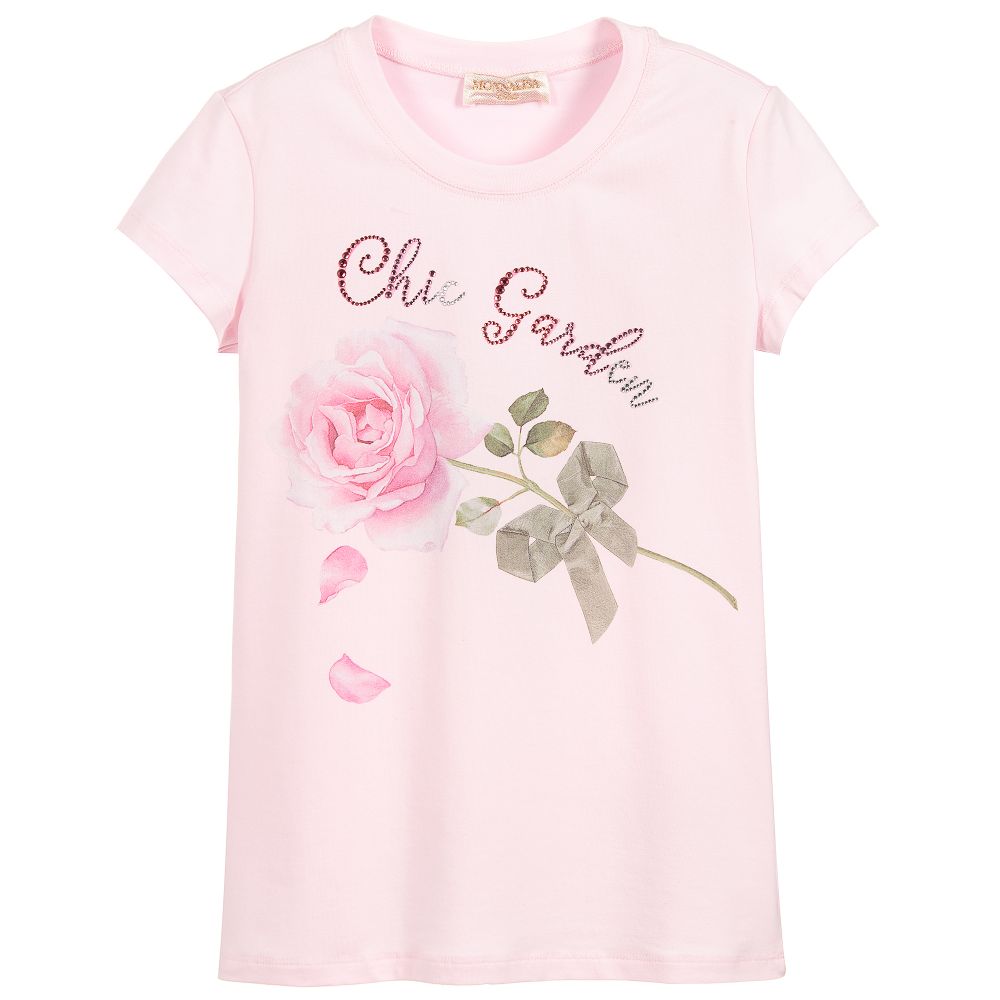 Monnalisa Chic - Girls Pink Cotton Rose T-Shirt | Childrensalon