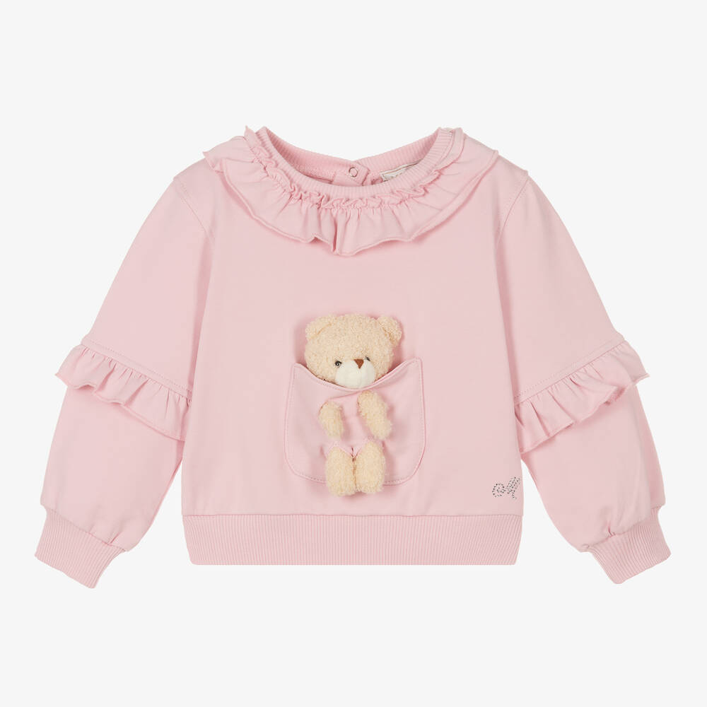 Monnalisa - Girls Pink Cotton Teddy Bear Sweatshirt | Childrensalon