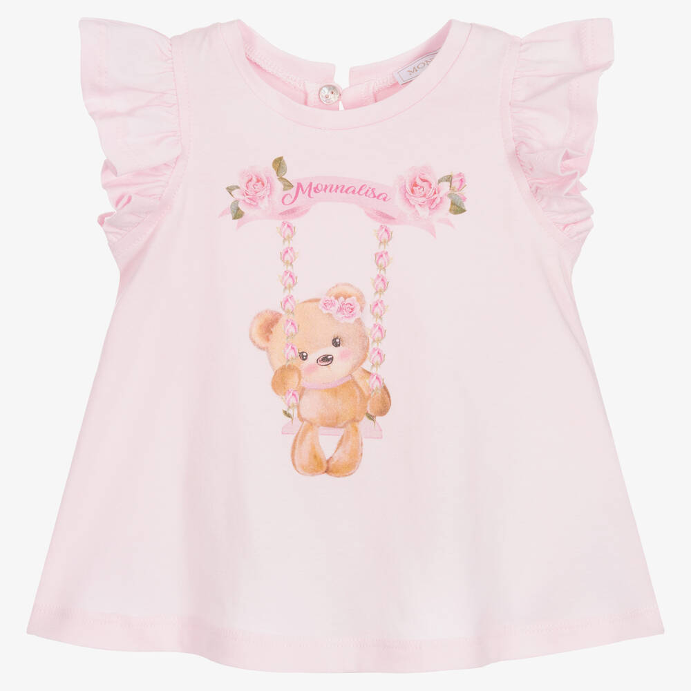 Monnalisa-Розовая хлопковая футболка с медвежонком | Childrensalon Outlet