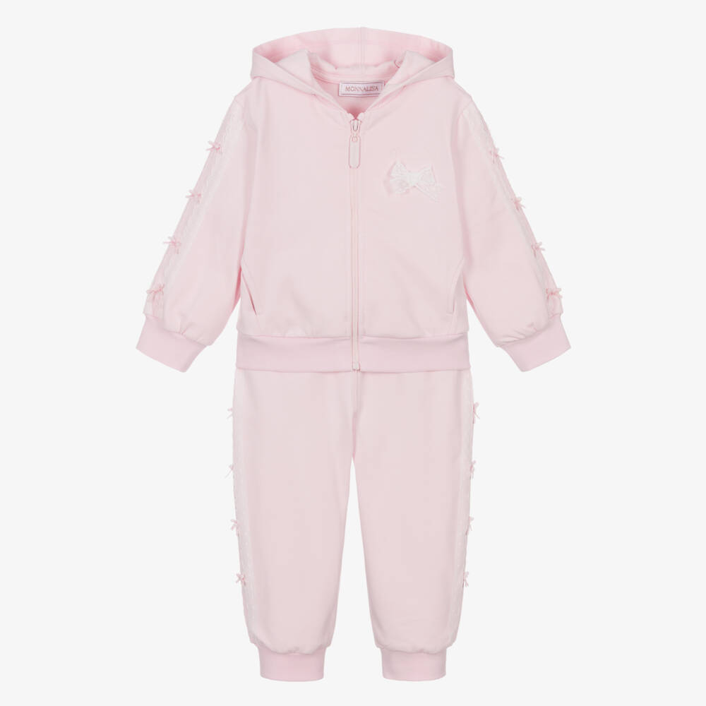 Monnalisa-Girls Pink Cotton Tracksuit with Lace & Bow Trims | Childrensalon Outlet