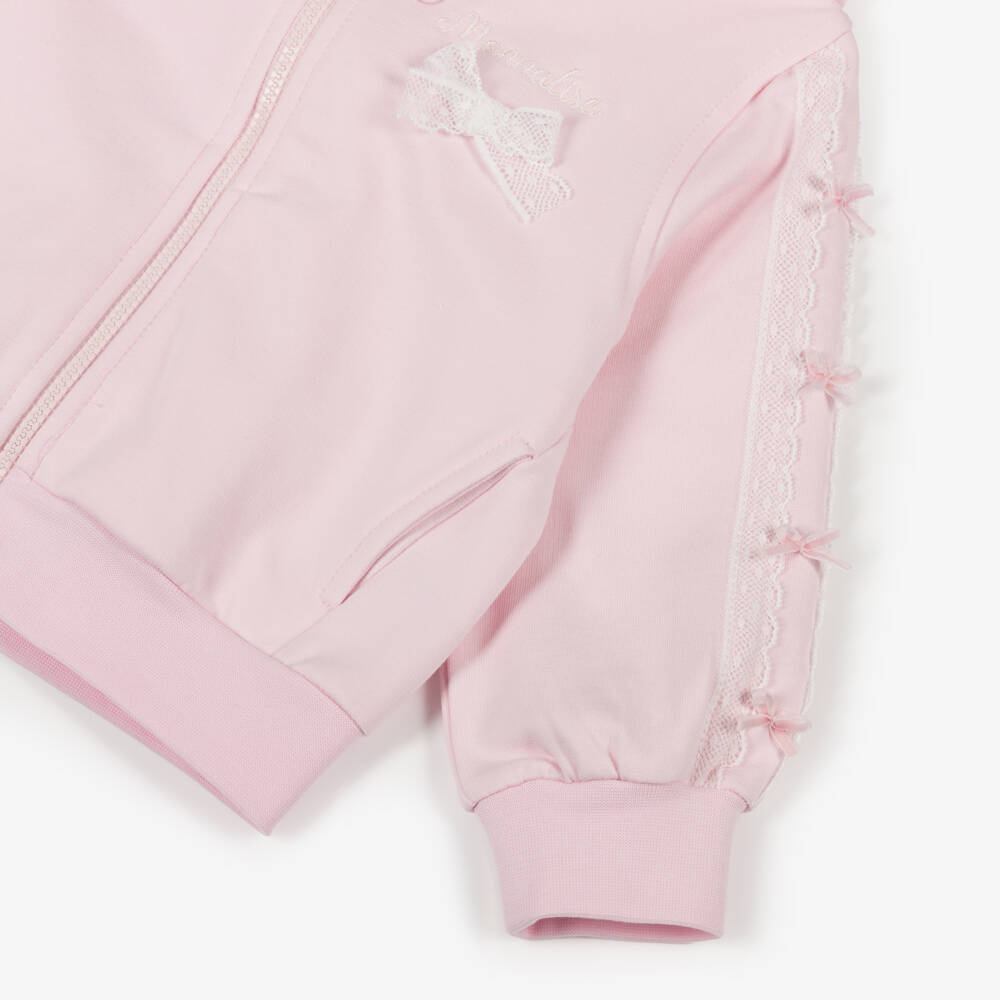 Monnalisa-Girls Pink Cotton Tracksuit with Lace & Bow Trims | Childrensalon Outlet