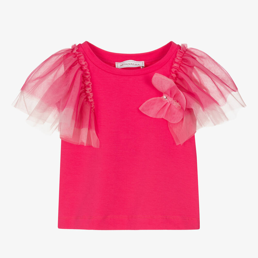 Monnalisa - Girls Pink Cotton & Tulle Top | Childrensalon