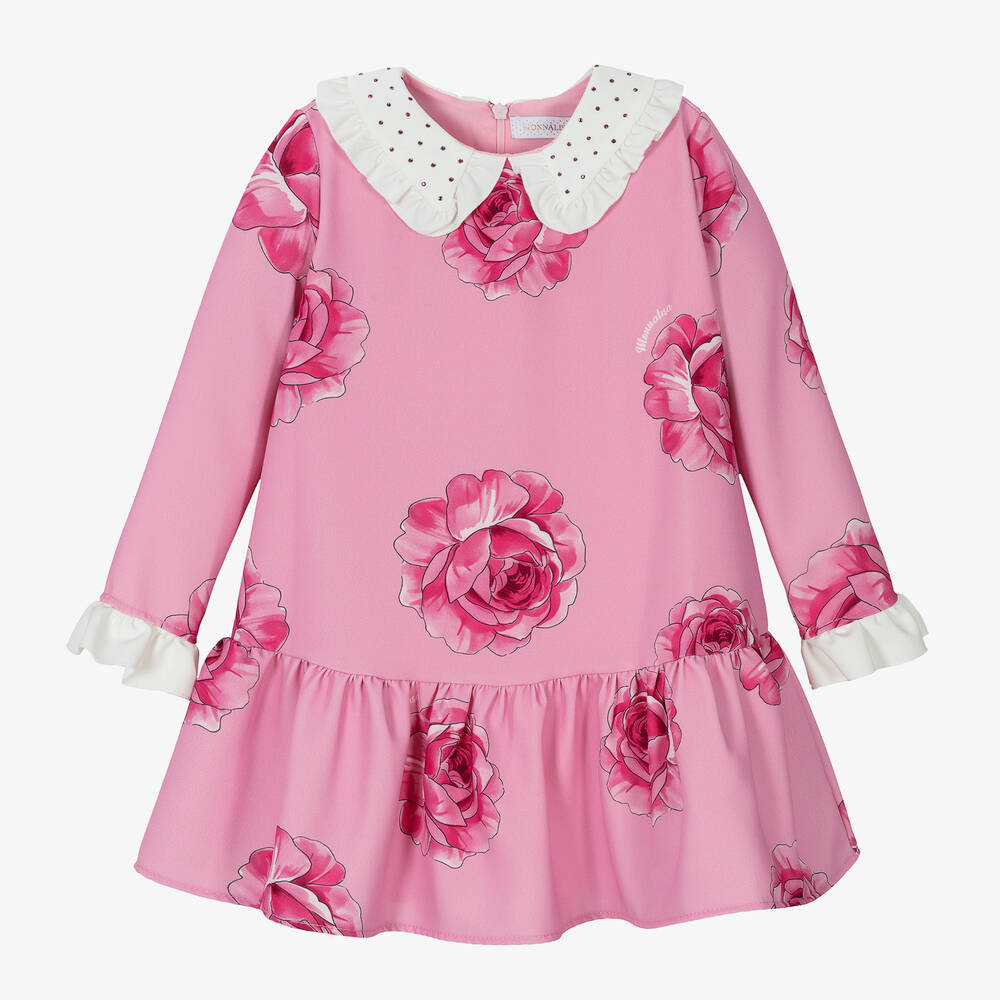 Monnalisa Chic - Girls Pink Crêpe Rose Print Dress | Childrensalon