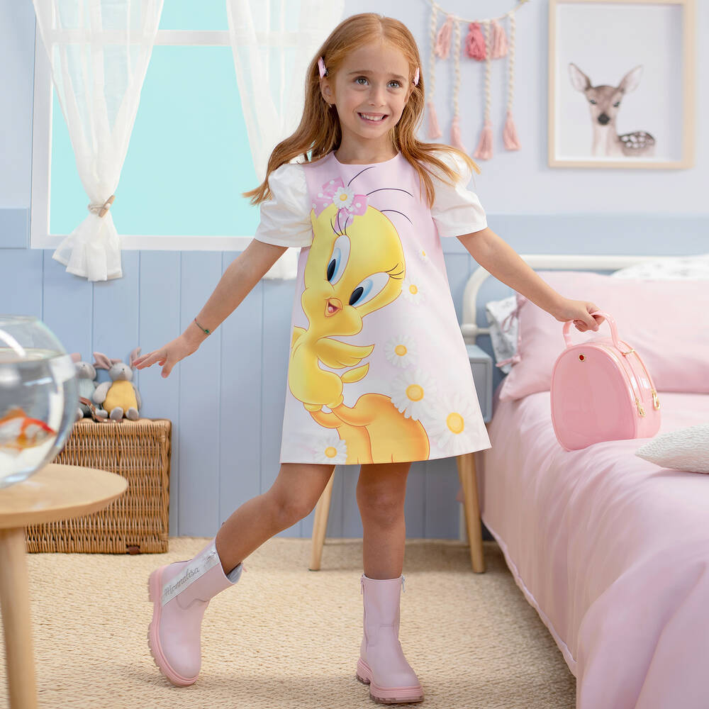 Monnalisa-Girls Pink Crêpe Tweety Dress | Childrensalon Outlet