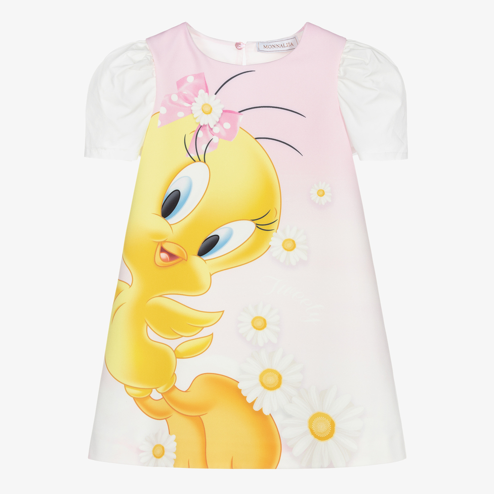 Monnalisa - Girls Pink Crêpe Tweety Dress | Childrensalon