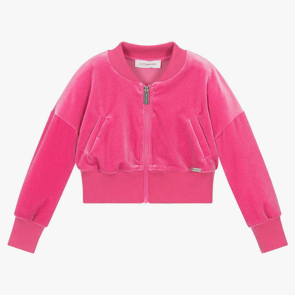 Monnalisa Chic - Girls Pink Cropped Velour Zip-Up Top | Childrensalon