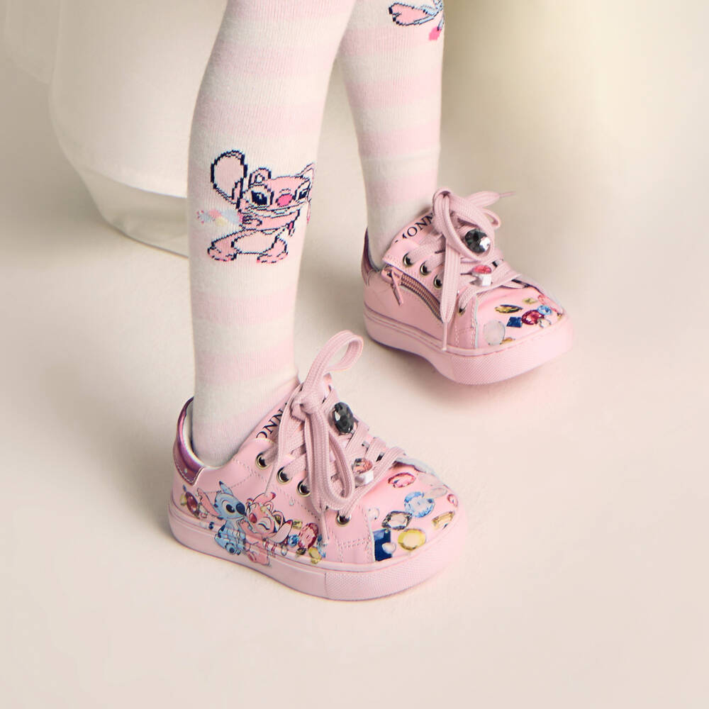 Monnalisa-حذاء رياضي للبنات من الجلد الصناعي باللون الوردي مع شخصيات كرتونية | Childrensalon Outlet