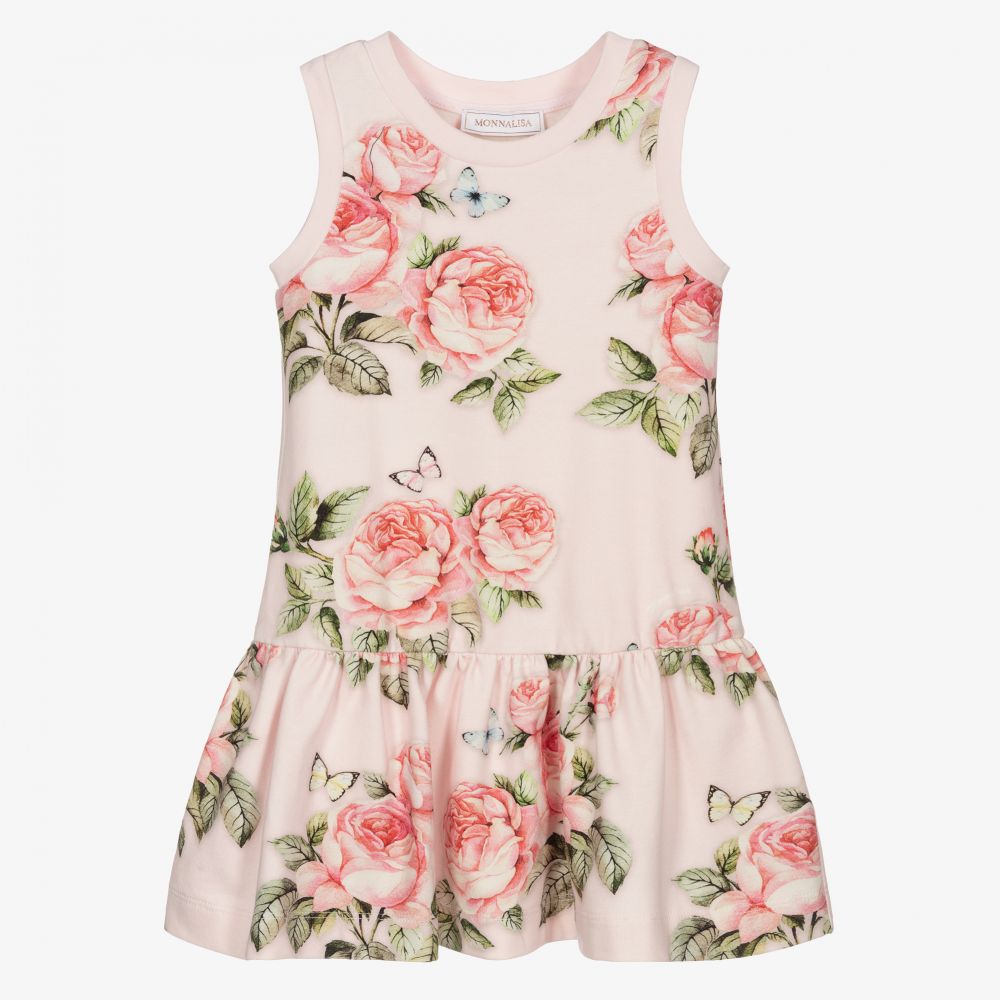 Monnalisa - Girls Pink Floral Cotton Dress | Childrensalon
