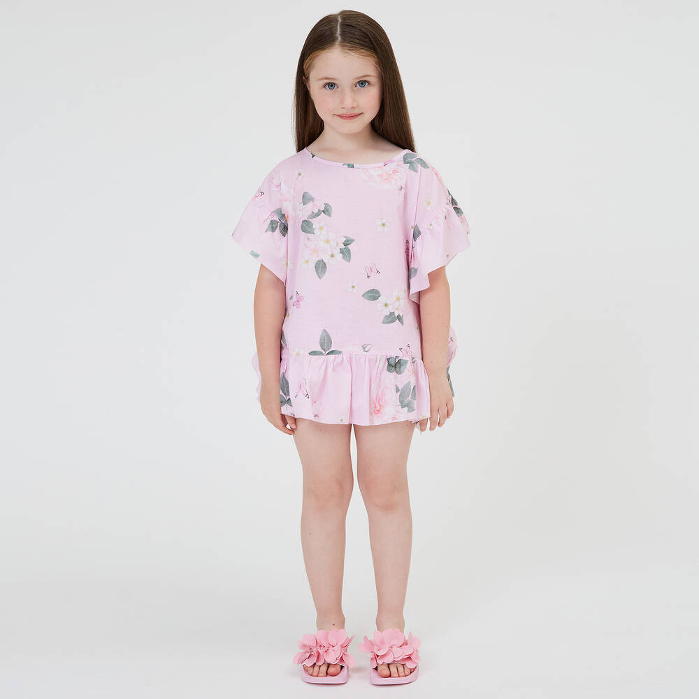 Monnalisa-Girls Pink Floral Cotton Kaftan | Childrensalon Outlet