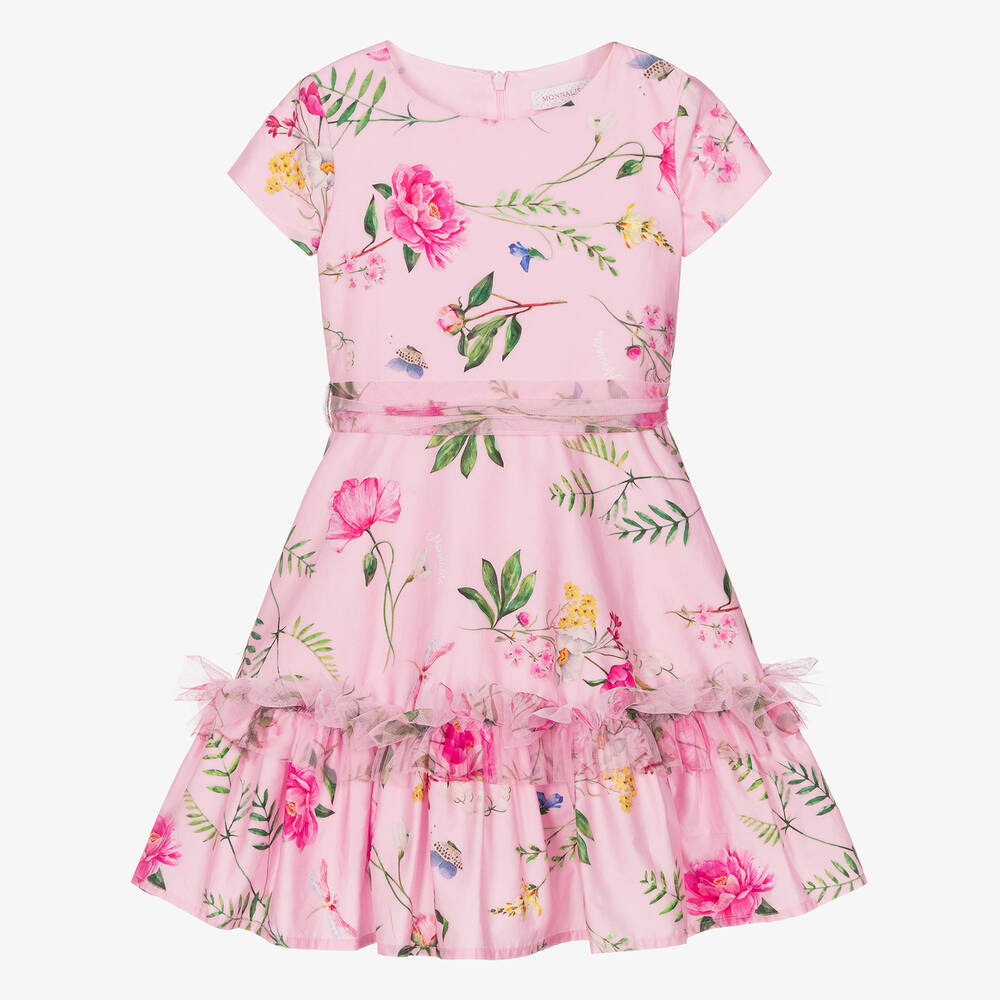 Monnalisa Chic-Girls Pink Floral Cotton Sateen Dress | Childrensalon Outlet
