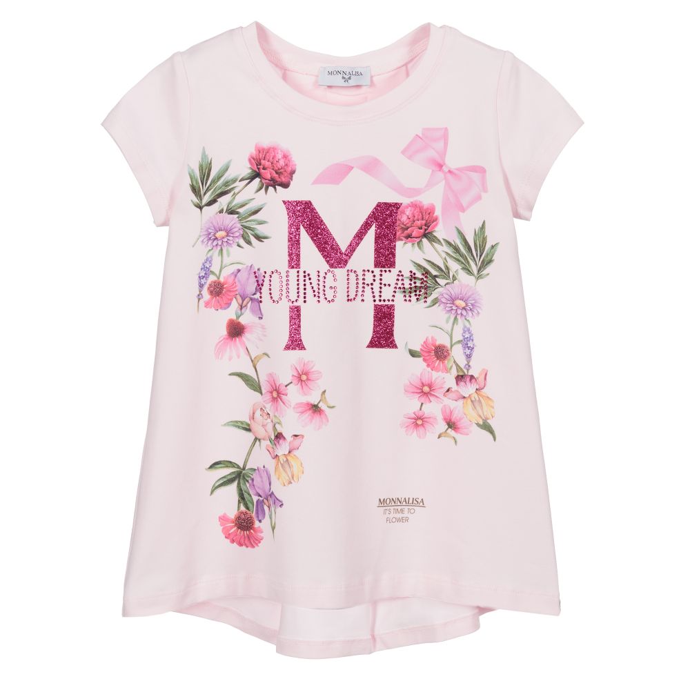 Monnalisa - Girls Pink Floral Cotton Top | Childrensalon
