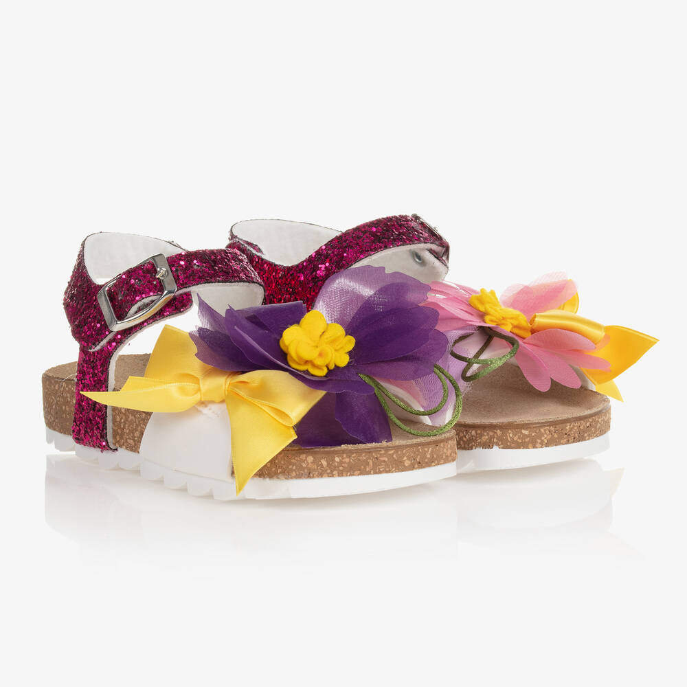 Monnalisa - Girls Pink Floral Glitter Sandals | Childrensalon