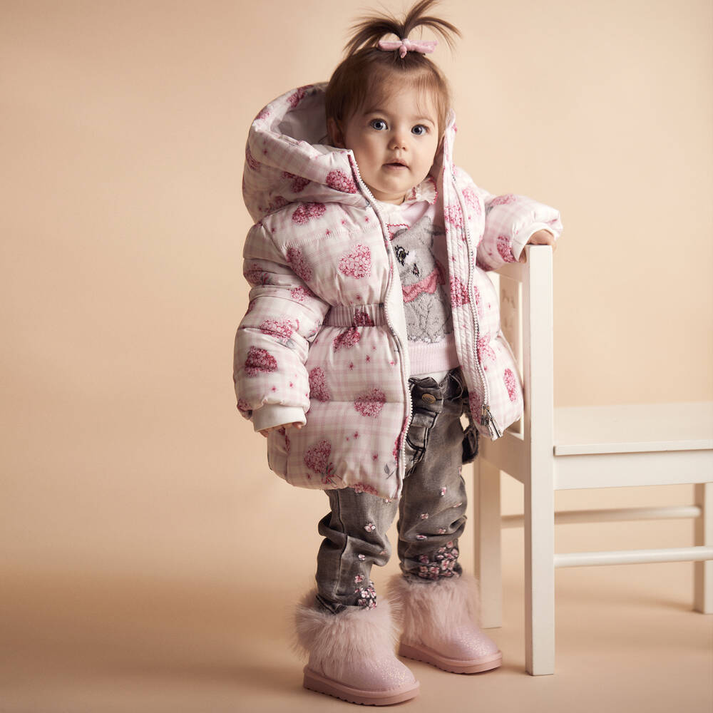 Monnalisa-Girls Pink Floral Quilted Hooded Coat | Childrensalon Outlet