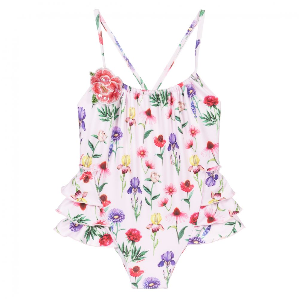 Monnalisa - Girls Pink Floral Swimsuit | Childrensalon