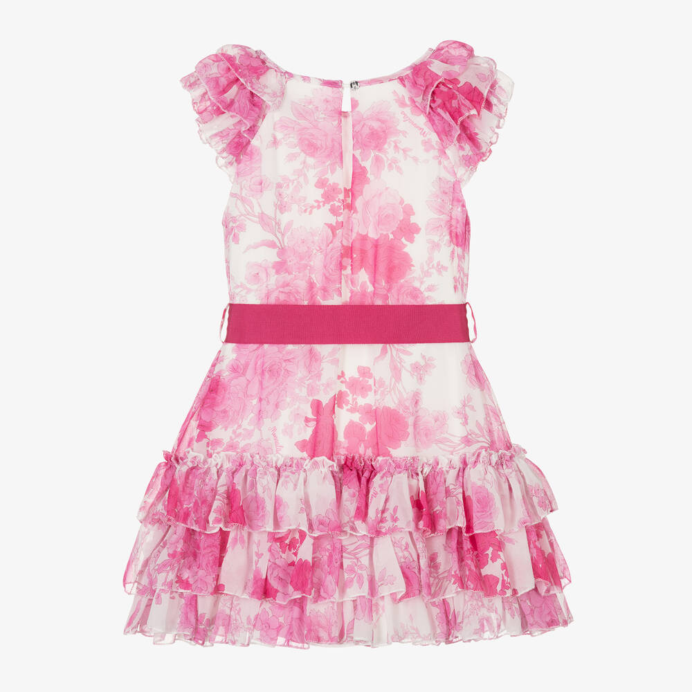 Monnalisa Chic-Girls Pink Floral Tiered Chiffon Dress | Childrensalon Outlet