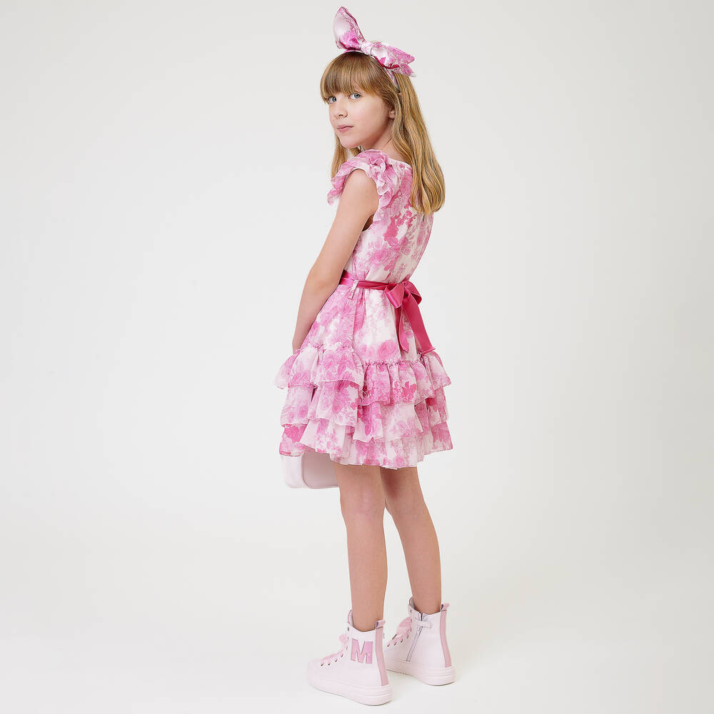 Monnalisa Chic-Girls Pink Floral Tiered Chiffon Dress | Childrensalon Outlet